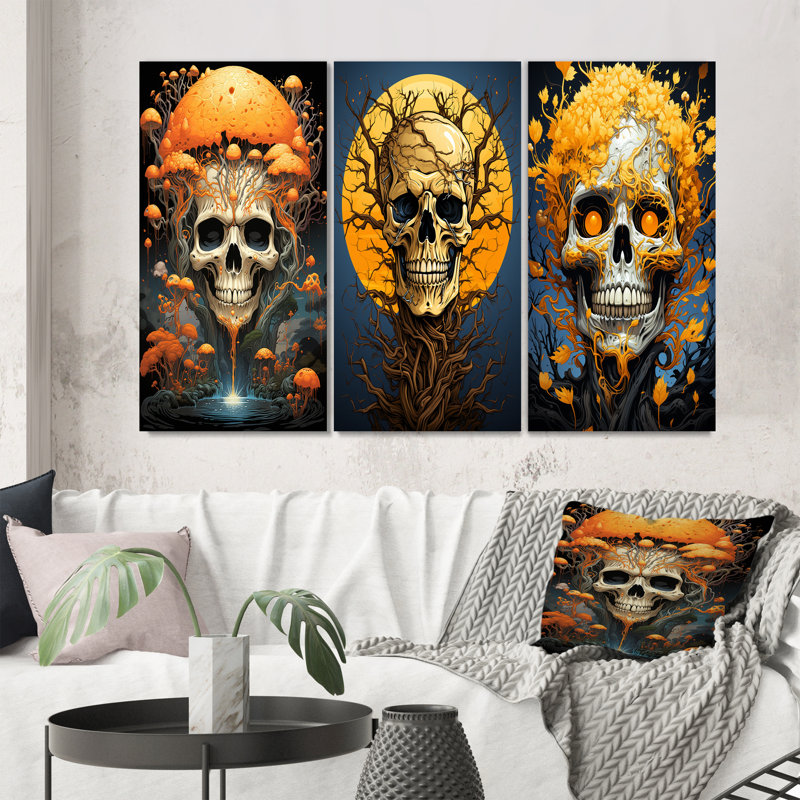Tête de mort souriante, champignon orange, Halloween amusant - ensemble de 3 têtes de mort, Toile tendue, H 20 po x l 36 po