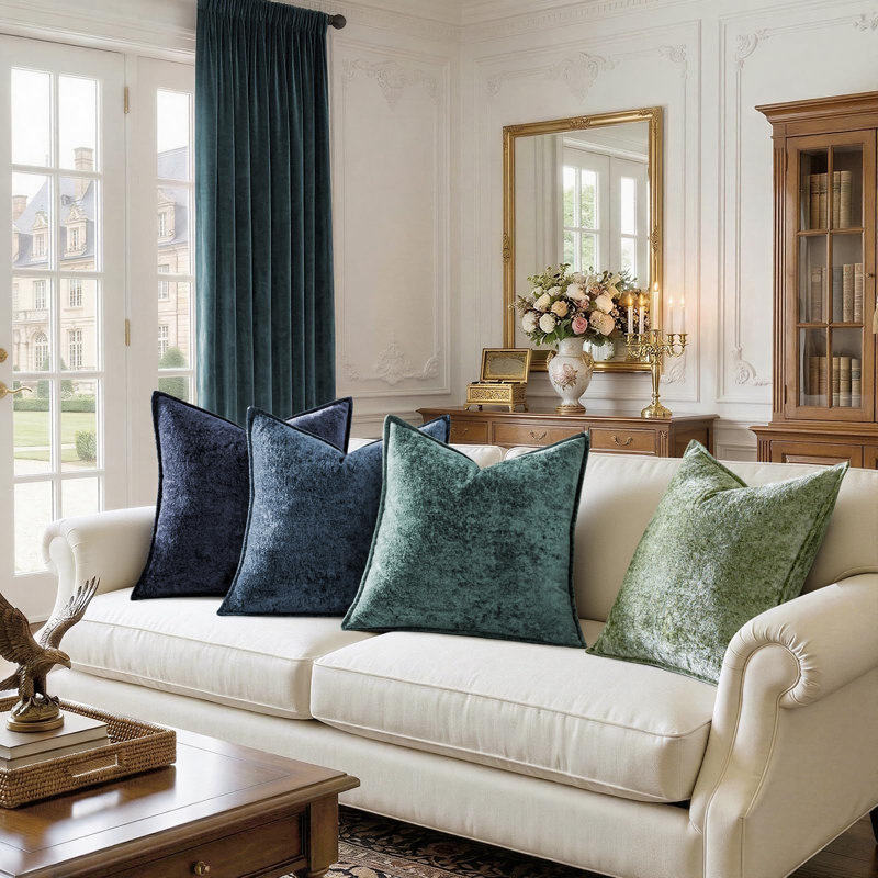 Ensemble de 4 housses de coussin décoratives 45 x 45 cm, en velours doux avec motif de fleur glacée 3D, style moderne et texturé, pour canapé et fauteuil, motif paon noir.