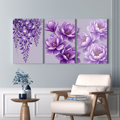 Ensemble de 3 tableaux sur toile à motifs floraux de glycine violette et de magnolia, pour la décoration du salon et de la chambre.