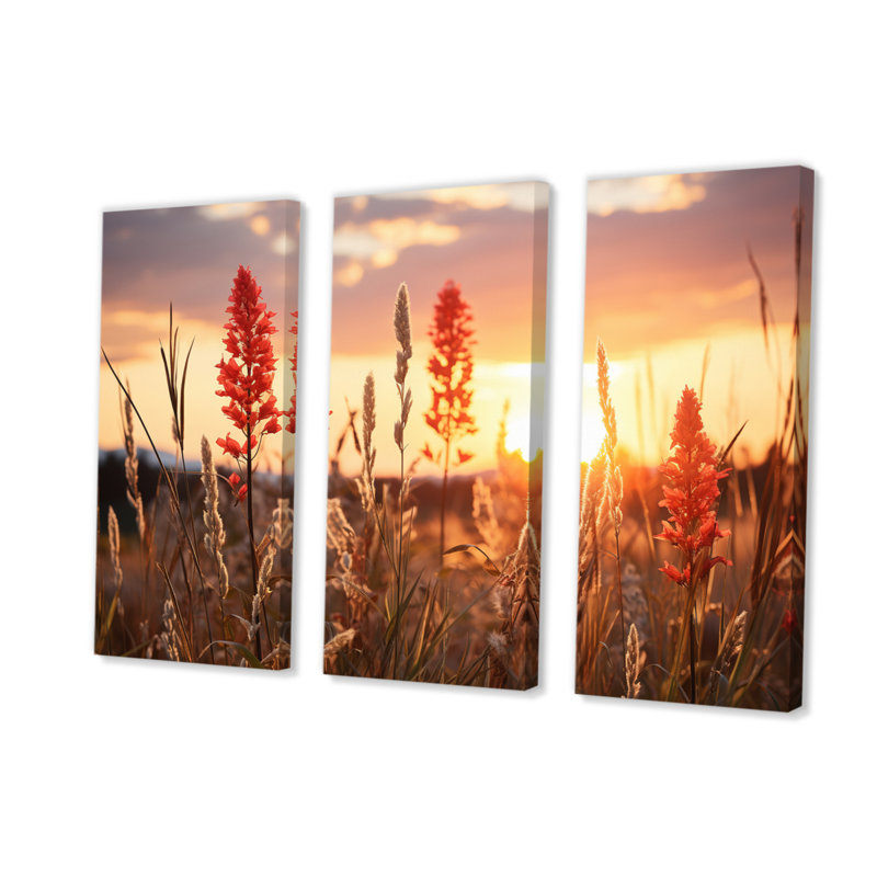 Wildflowers Field with Sunset - 3 pièces, reproduction sur toile tendue, H 28 po x l 36 po x P 1 po