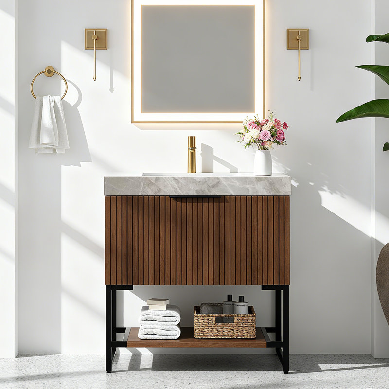 Meuble-lavabo autoportant de 30 po avec lavabo rayé (tiroir + tablette ouverte) pré-assemblé, 30"