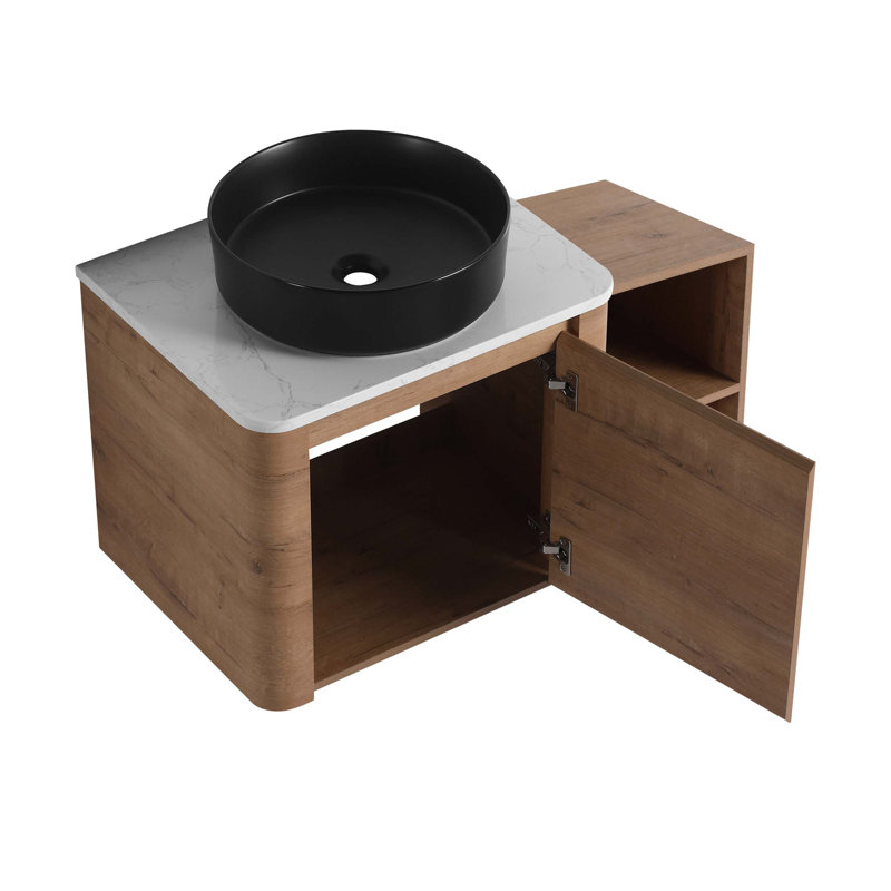 Meuble-lavabo mural 36 po avec lavabo d'art en céramique et tablettes de rangement, porte à fermeture en douceur