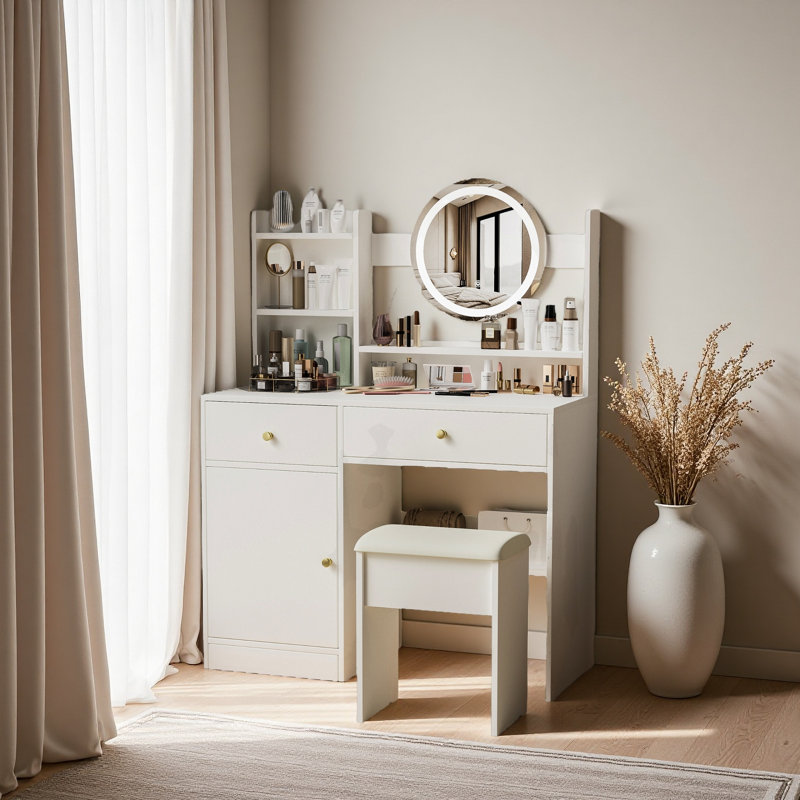Fashion Vanity Desk With Mirror And Lights For Makeup And Cushioned Chair, Vanity Mirror With Lights And Table Set With 3 Color Lighting Brightness Adjustable