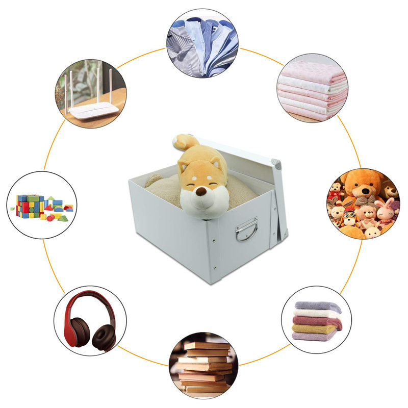 Collapsible Storage Box, Decorative Memory Box With Lid & Metal Reinforced Corners, Cardboard File Bin With Handles, Organizer Gift Box