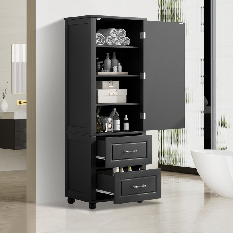 Grande armoire de rangement autoportante pour salle de bain avec 2 tiroirs et tablette réglable, organisateur en MDF peint