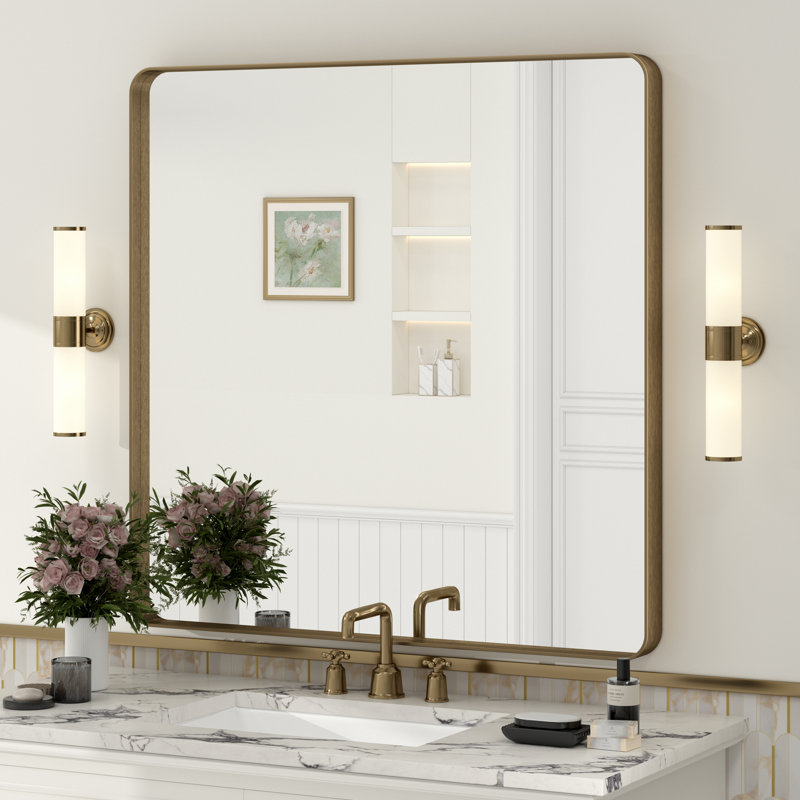 Miroir de salle de bain mural en verre trempé et métal Molly, 36 po x 36 po, Bronze, Rectangle(Rounded Corner)