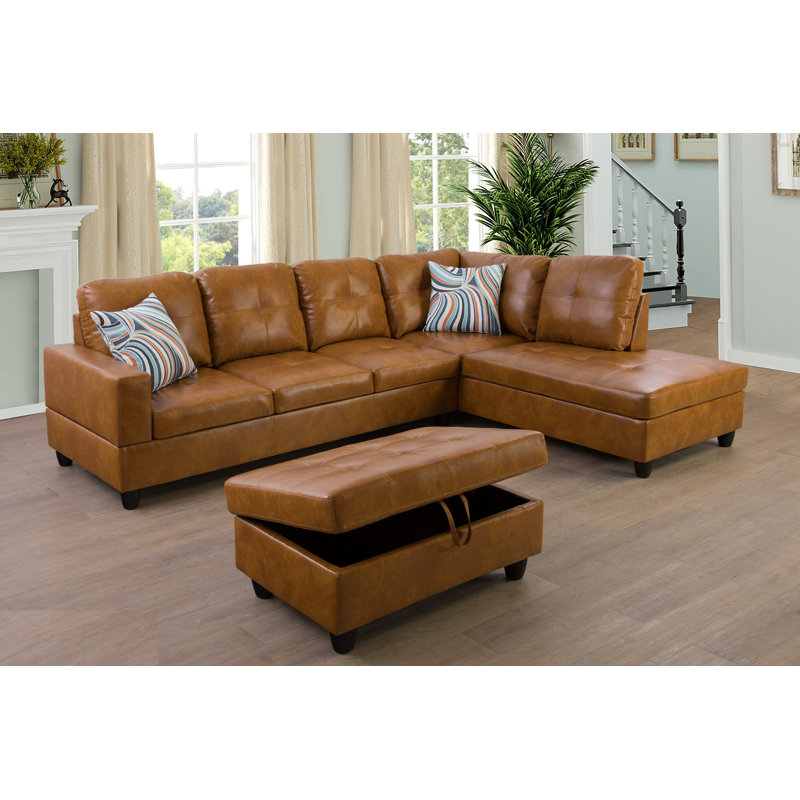 Brevard Faux Leather L-Shaped Sectional, Right Hand Facing, Caramel Tan