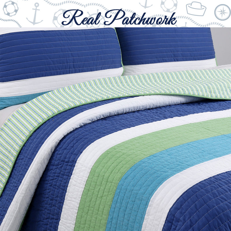 Queen Blue and Green Cotton Reversible Quilt Set