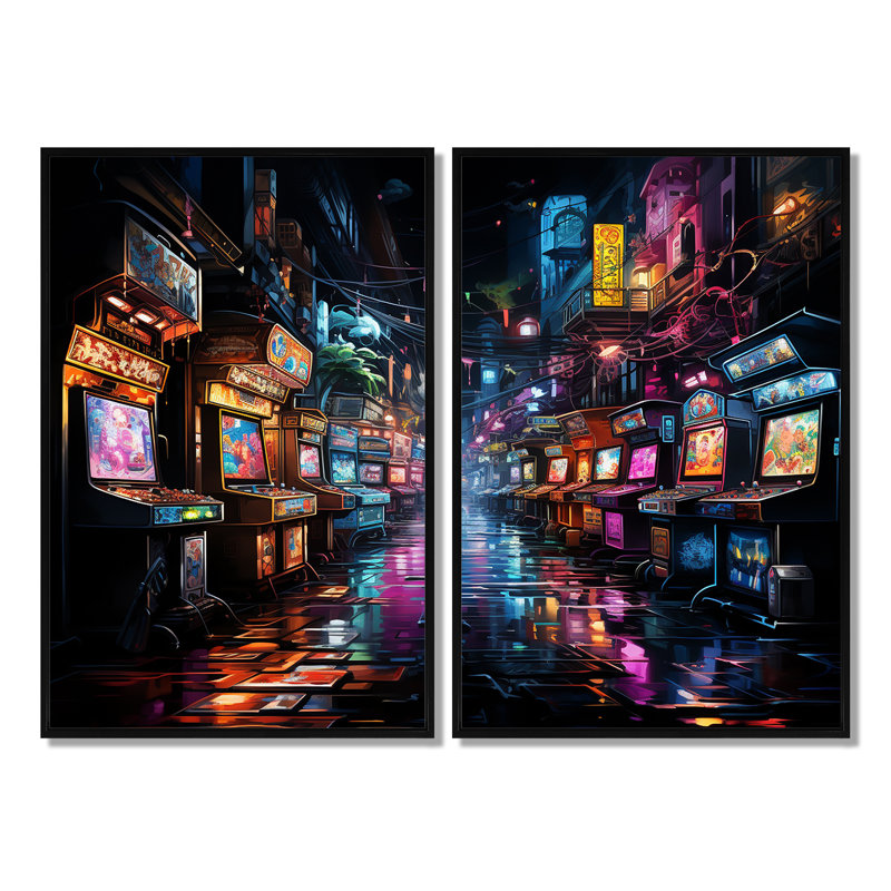 Impression sur toile Neon Arcade, Black, 36" H x 48" W, Impression encadrée flottante
