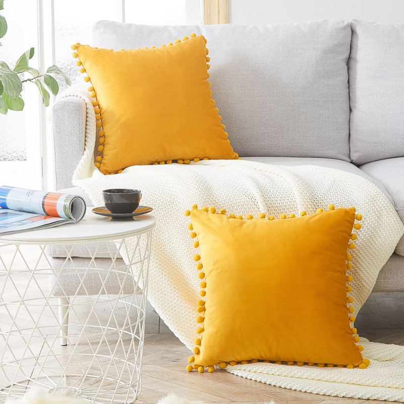 Deconovo Pom-poms Reversible Pillow Cover, 18" x 18", Yellow