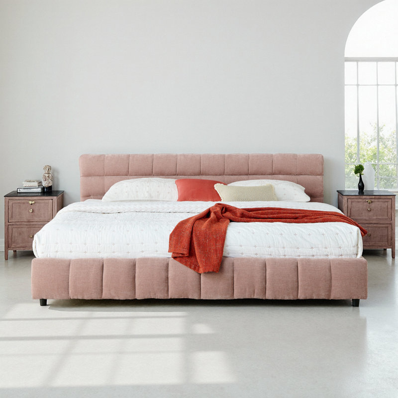 Structure de lit tapissier moderne très grand avec tiroirs de rangement et tissu chenille doux - très grand, Rose