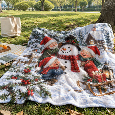 Cozy Christmas Snowman Building Scene Fleece Throw Blanket, Adorable Winter Holiday and Snowman Design Plush Bed Blanket for Sofa Couch Bedroom Living Room Home Decoration
