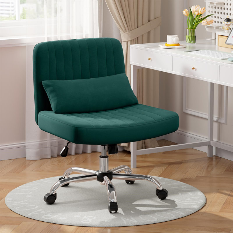 Criss Cross Legged Velvet Office Chair For, Armless Desk Chair With Wheels, Height Adjustable Swivel Vanity Chair With Wide Seat And Lumbar Pillow For Bedroom And Office,