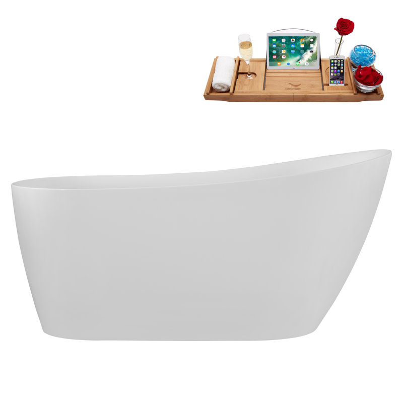 Baignoire autoportante en acrylique 59 ", plateau en bambou, drain Streamline, Laiton brossé