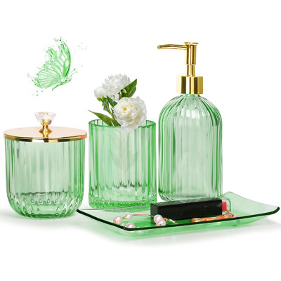 Ensemble d'accessoires de salle de bain, ensemble de salle de bain en verre 4 pièces comprenant un distributeur de savon, un porte-brosse à dents, un pot d'apothicaire, un plateau de meuble-lavabo, un organisateur de meuble-lavabo de comptoir, une déco