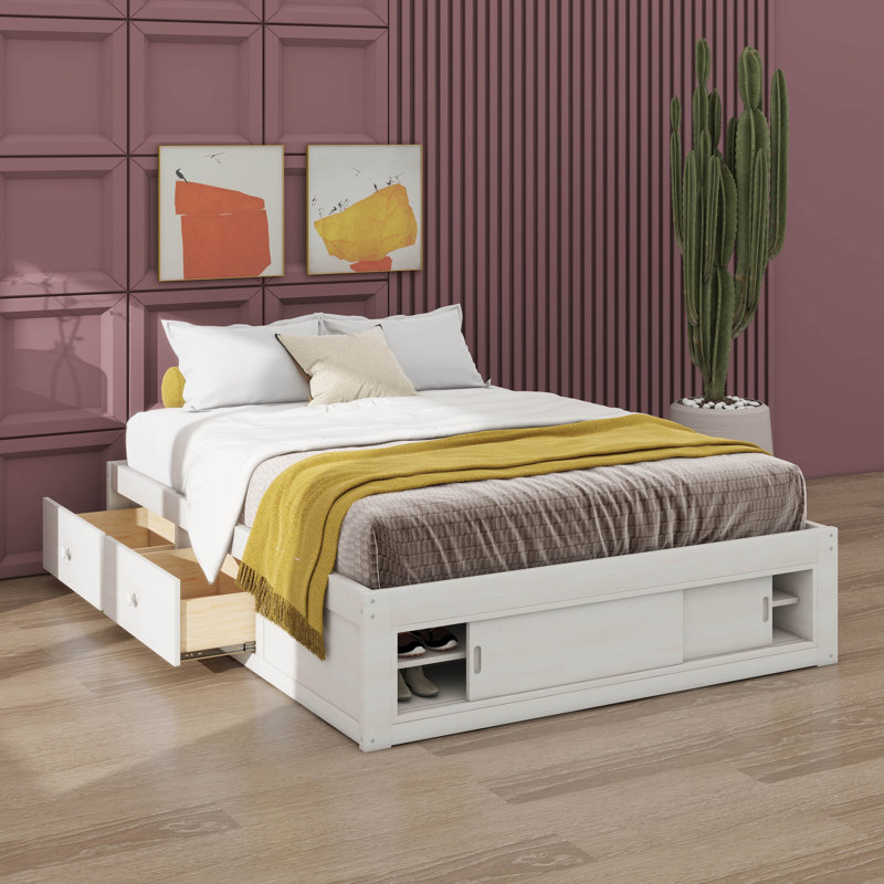 Lit plateforme grand format avec quatre tiroirs et rangement au pied de lit, sans tête de lit, Blanc