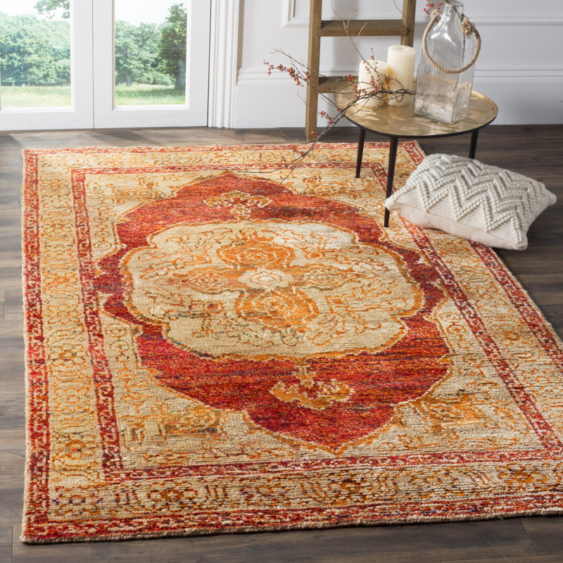 Tapis oriental rouge / orange / beige en viscose et jute noué à la main Artesia, Rectangle 5 pi x 8 pi