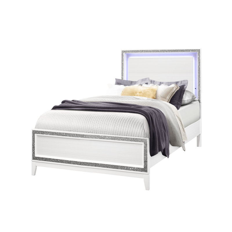 Lit double blanc transitionnel avec garniture de cristal concassé et structure en bois d'hévéa