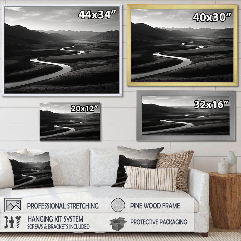 Rivière de montagne noire et blanche, Toile tendue, H 12 po x l 20 po x P 1 po