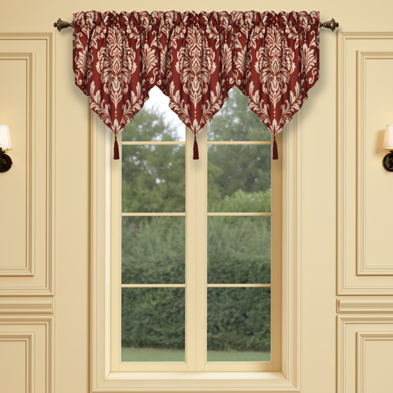Elegant Red Damask Tassel Trim Window Valance