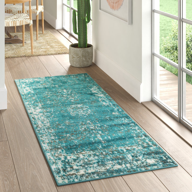Tapis floral turquoise Brandt, Tapis de couloir 2 pi x 9 pi 10 po