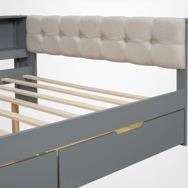 Lit de jour double avec bureau, station de charge et rangement, Gris