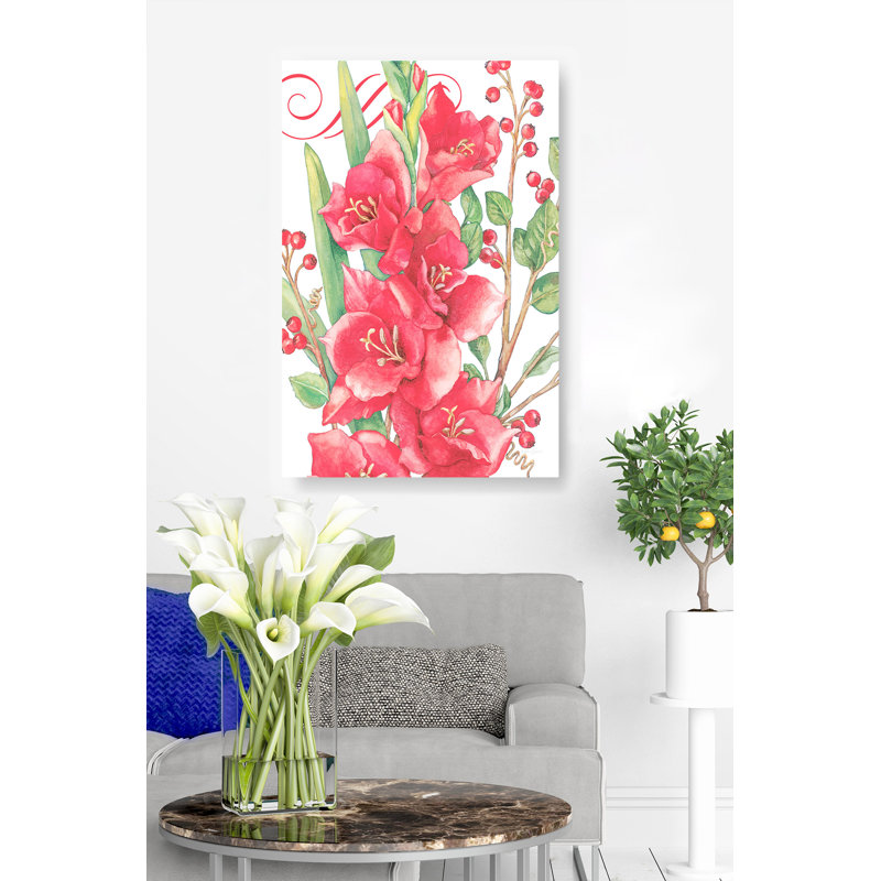 Floral, baies rouges, botanique, H 26 po x l 50 po x P 1,5 po