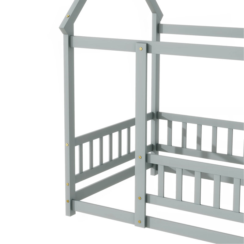 Lit en bois avec structure de toit et garde-corps de sécurité, Twin, Grey