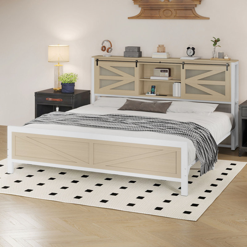 Metal Platform Bed with Bookcase Headboard and LED Lights, King, Grey