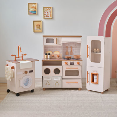Teamson Kids Little Chef Savannah 3-Piece Modular Wooden Pretend Play Kitchen With 21 Accessories
