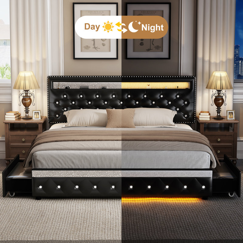 LED Diamond Tufted Bed Frame with 2 Drawers, Adjustable Storage Headboard and 2 Side Pockets, Full, Black