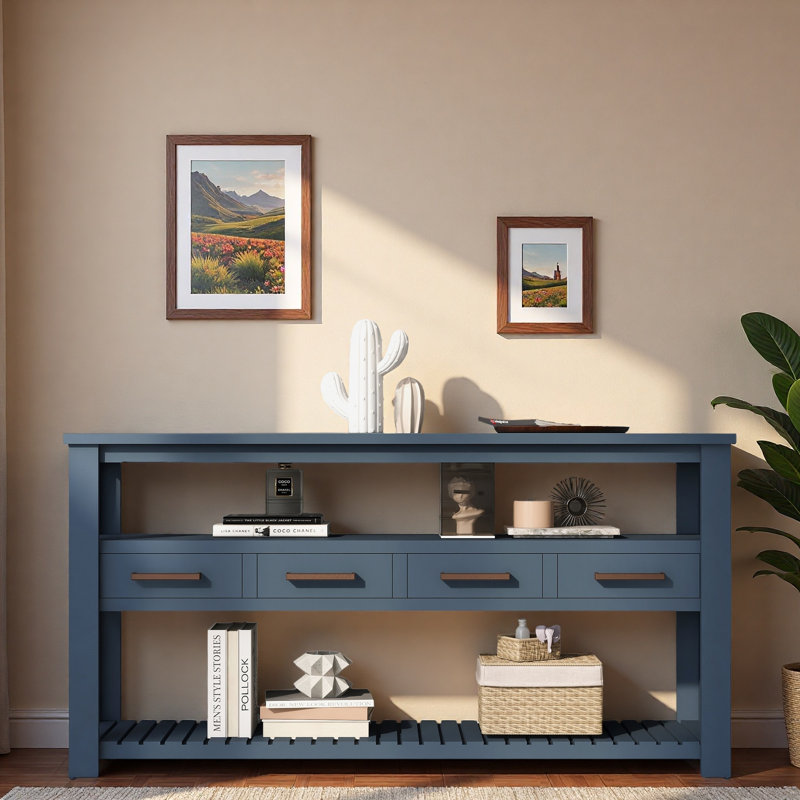 Console à 4 tiroirs, tablettes ouvertes à 3 niveaux et poignées en métal, Marine
