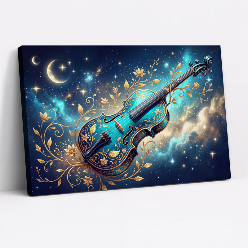 Tableau sur toile représentant un violon turquoise orné de lianes florales dorées sous un ciel étoilé, 16"H x 24"W