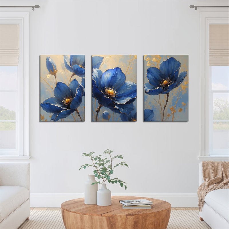 "Blue Floral", art mural, reproduction de peinture à l'huile (ensemble de 3), H 30 po x l 60 po