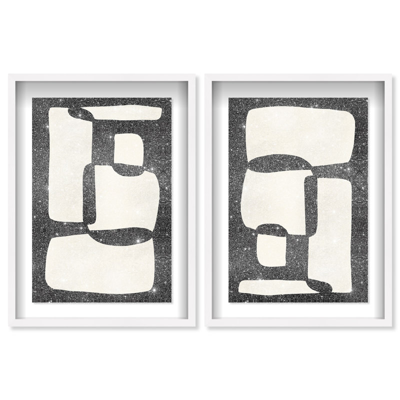 Oliver Gal Black and White Code - Set of 2 Abstract - Diamond Dust Shadowbox Framed Wall Art, 55.5" H x 37.5" W