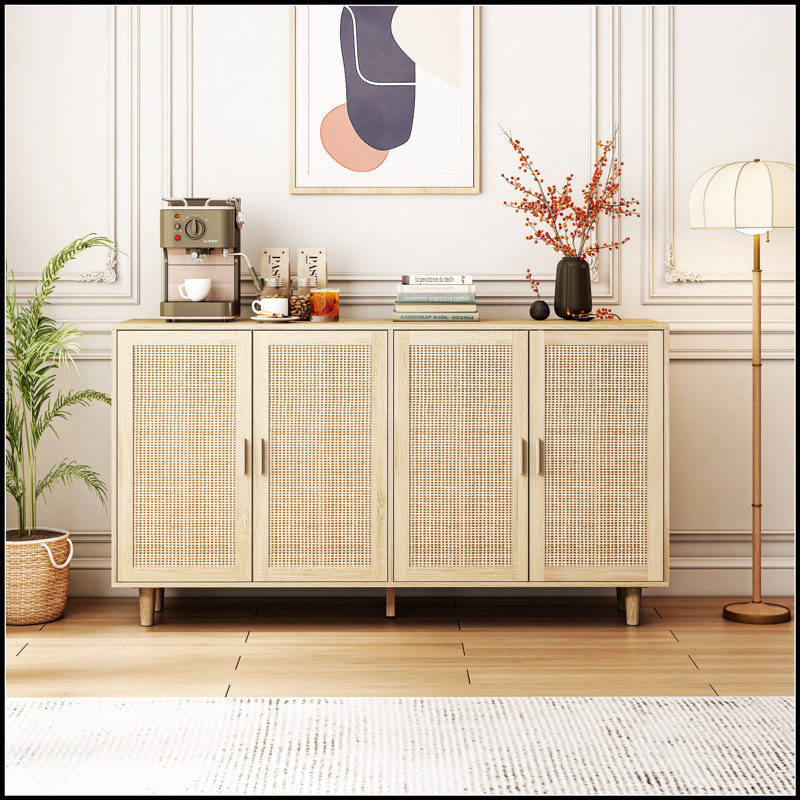 Armoire de rangement élégante et fonctionnelle en rotin à 4 portes avec tablettes réglables pour une organisation améliorée