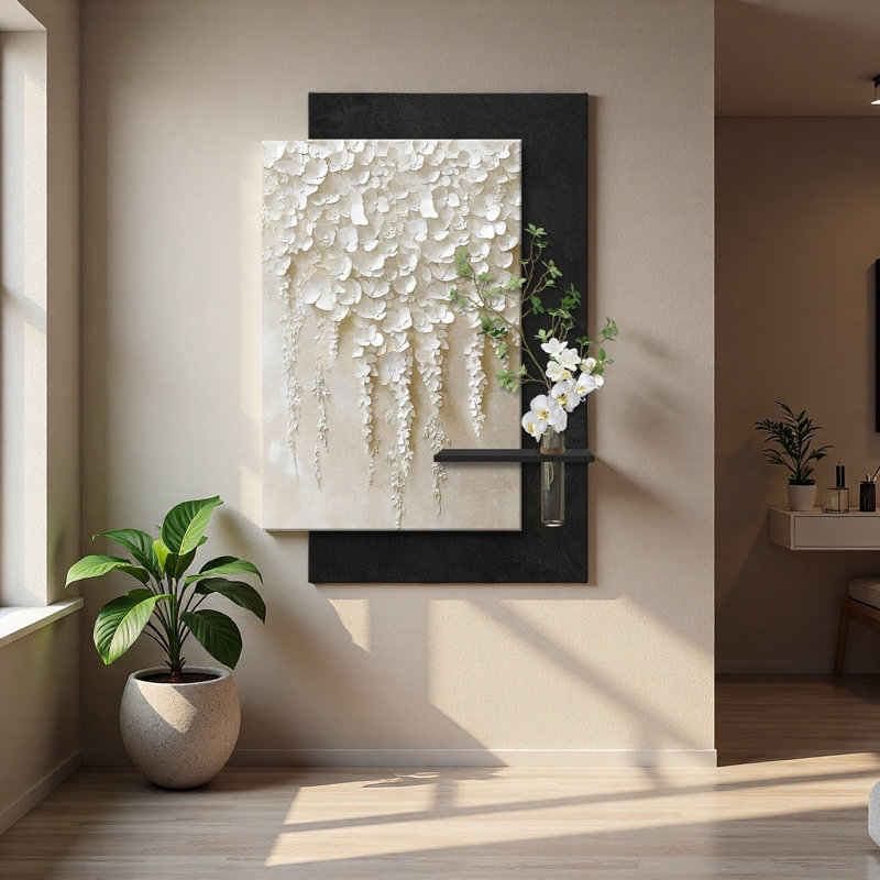 Art mural floral minimaliste en grès minimaliste avec lumières à DEL - culture de l'eau, H 70,87 po x l 47,24 po x P 1,38 po