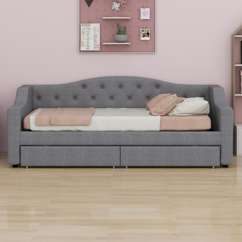 Upholstered Daybed With LED Belt And 2 Drawers, Gray