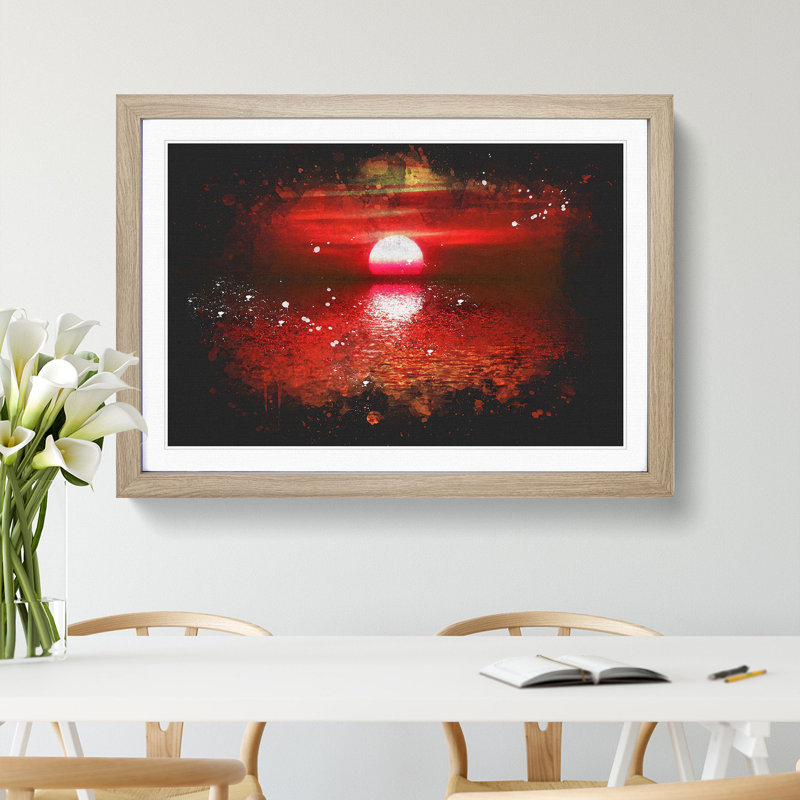 Red And Orange Sunset Above The Sea - Single Picture Frame Print on MDF, 33cm H x 45cm W x 2cm D, Oak Framed