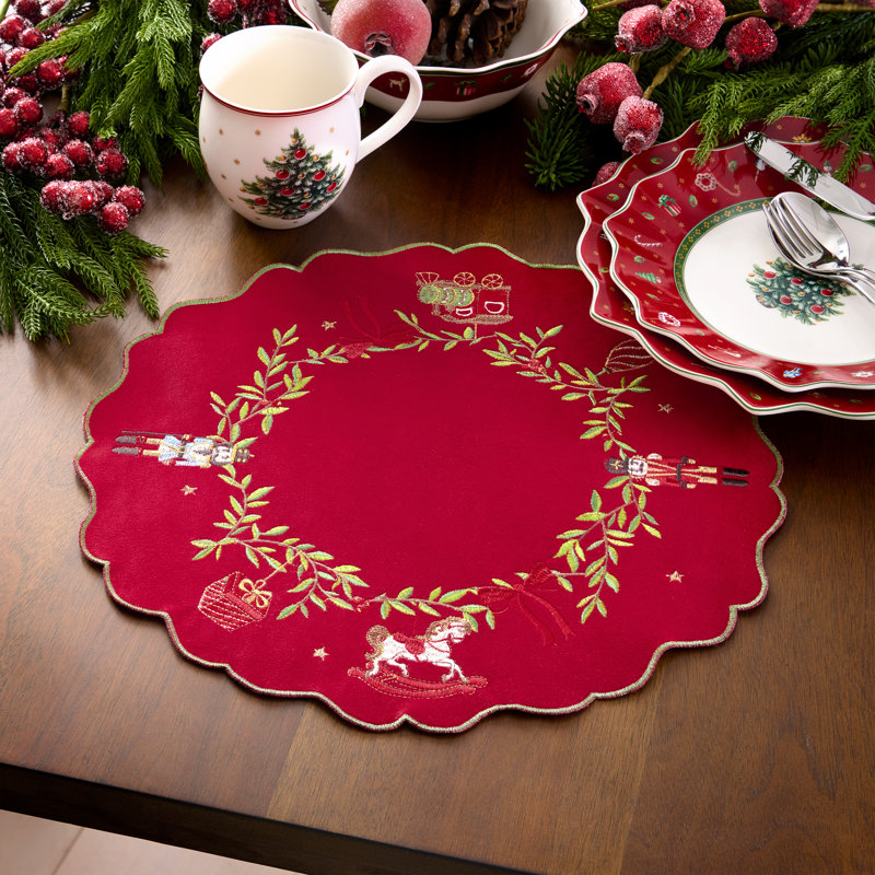 Villeroy & Boch Keepsake Ornaments, napperons ronds en velours brodé, lot de 4, rouge - 38 cm x 38 cm