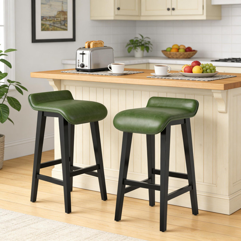 Ensemble de 4 tabourets de bar avec structure en bois massif et large siège rembourré en cuir de polyuréthane pour îlots de cuisine