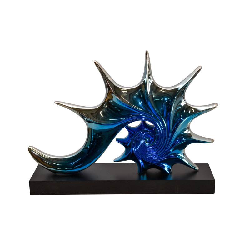 Statue abstraite et géométrique en résine d'oursin chromé sur base noire Blakelee 17 po x 4 po x H 12 po, Bleu varié