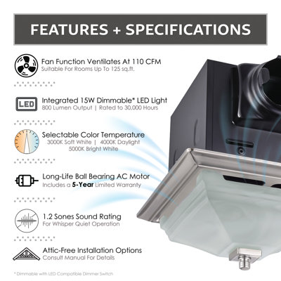 Decorative Square 110CFM, 1.2 Sones Dimmable LED Bathroom Exhaust Fan