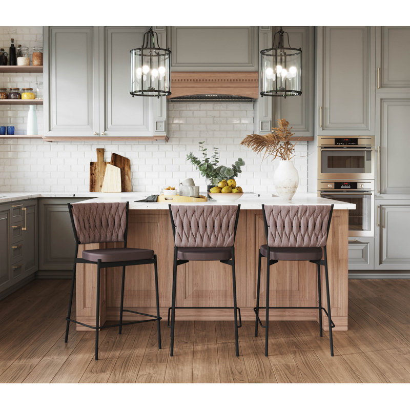  Benley Braided Fixed-Height Counter Stools, Light Brown/Gray