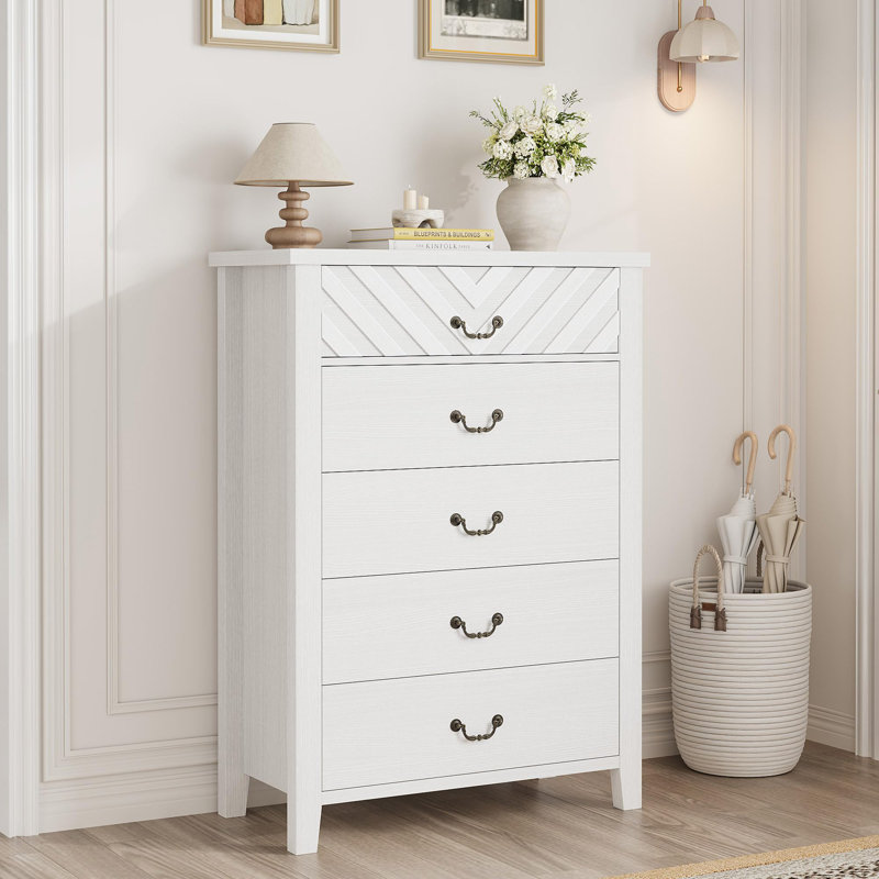 45.2" Tall Farmhouse 5 Drawer Dresser for Bedroom, Freestanding Vertical Wooden Closet Storage Chest, White