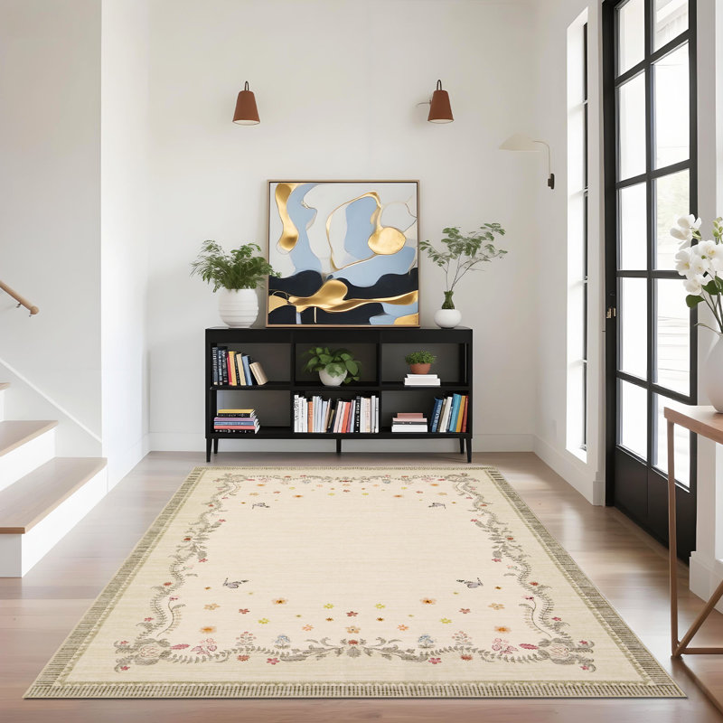 Tapis à bordure Clover Petal pour chambre à coucher et salon, Beige, 5 x 7 pi