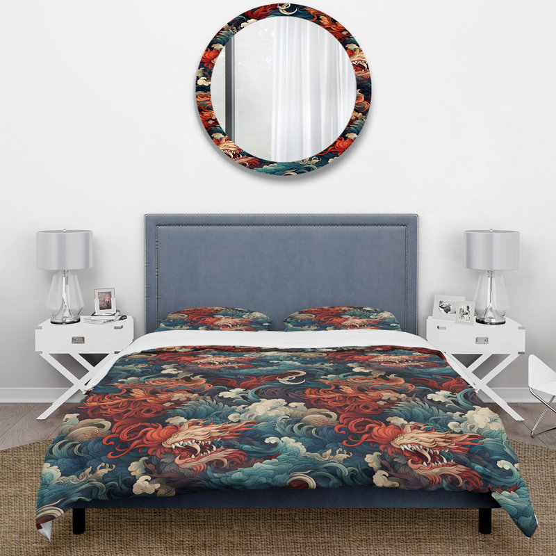 Motifs de dragon - ensemble de housse de couette japonais - microfibre de polyester
