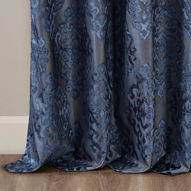 Knitted Jacquard Damask Total Blackout Grommet Top Curtain Panel(Only 1 Pc Panel), 50" W x 84" L, Navy