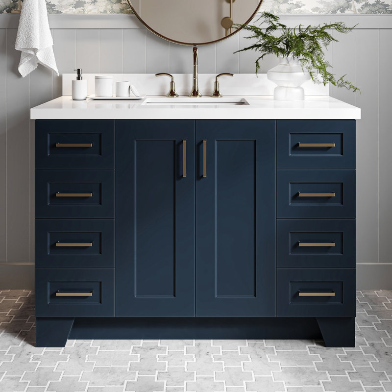 Freitas 48'' Solid Wood Single Bathroom Vanity, Midnight Blue, Rectangle, White Quartz