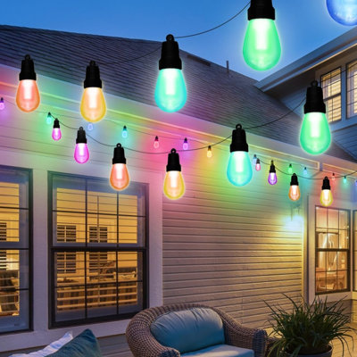 100ft Outdoor String Lights With 40 Rgbw Dimmable Led Bulbs, Waterproof, Colour Changing, App & Remote Control For Patio